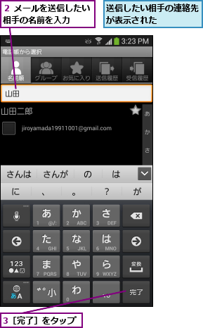 3［完了］をタップ,送信したい相手の連絡先が表示された    ,２ メールを送信したい相手の名前を入力  