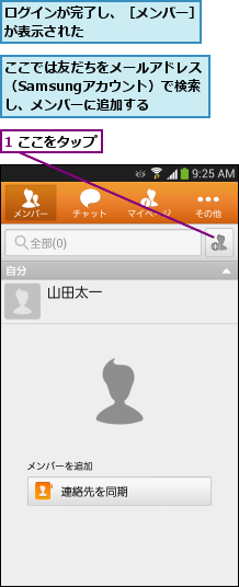 1 ここをタップ,ここでは友だちをメールアドレス（Samsungアカウント）で検索 し、メンバーに追加する,ログインが完了し、［メンバー］が表示された        
