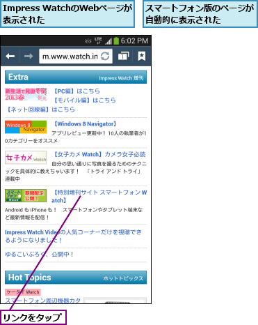 Impress WatchのWebページが表示された    ,スマートフォン版のページが自動的に表示された    ,リンクをタップ