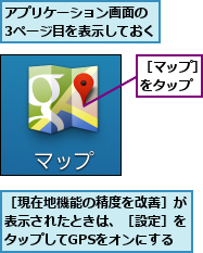アプリケーション画面の 3ページ目を表示しておく         ,［マップ］をタップ,［現在地機能の精度を改善］が表示されたときは、［設定］をタップしてGPSをオンにする