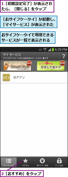 1［初期設定完了］が表示されたら、［閉じる］をタップ  ,2［おすすめ］をタップ,おサイフケータイで利用できるサービスが一覧で表示される,［おサイフケータイ］が起動し、［マイサービス］が表示された