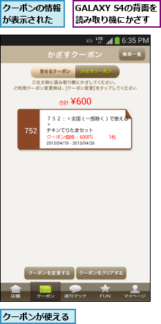 GALAXY S4の背面を読み取り機にかざす,クーポンが使える,クーポンの情報が表示された