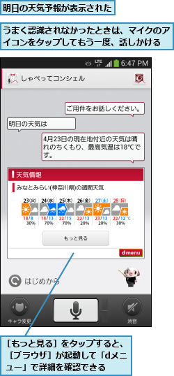 うまく認識されなかったときは、マイクのアイコンをタップしてもう一度、話しかける,明日の天気予報が表示された,［もっと見る］をタップすると、 ［ブラウザ］が起動して「dメニ ュー」で詳細を確認できる
