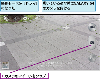 1 カメラのアイコンをタップ,動いている被写体にGALAXY S4のカメラを向ける     ,撮影モードが［ドラマ］になった       