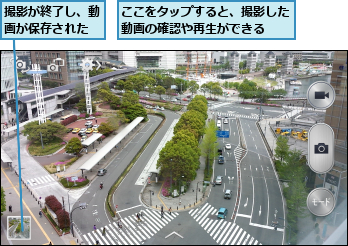 ここをタップすると、撮影した動画の確認や再生ができる  ,撮影が終了し、動画が保存された