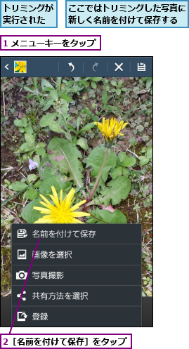 1 メニューキーをタップ,2［名前を付けて保存］をタップ,ここではトリミングした写真に新しく名前を付けて保存する,トリミングが実行された