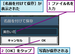 1 ファイル名を入力      ,2［OK］をタップ,写真が保存される,［名前を付けて保存］が表示された      