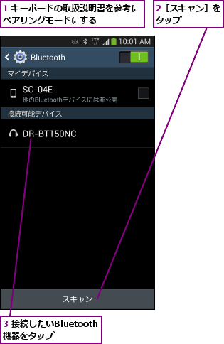 1 キーボードの取扱説明書を参考にペアリングモードにする      ,2［スキャン］をタップ    ,3 接続したいBluetooth機器をタップ  