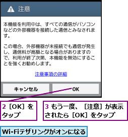 2［OK］をタップ,3 もう一度、［注意］が表示されたら［OK］をタップ  ,Wi-Fiテザリングがオンになる