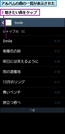 3 聴きたい曲をタップ,アルバムの曲の一覧が表示された