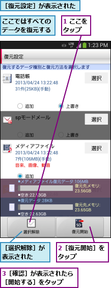1 ここをタップ  ,2［復元開始］をタップ    ,3［確認］が表示されたら［開始する］をタップ  ,ここではすべてのデータを復元する,［復元設定］が表示された,［選択解除］が表示された  