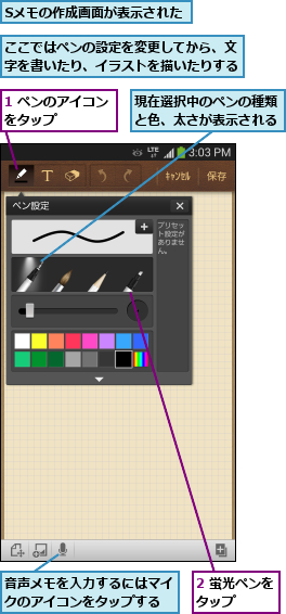 1 ペンのアイコンをタップ    ,2 蛍光ペンをタップ   ,Sメモの作成画面が表示された,ここではペンの設定を変更してから、文字を書いたり、イラストを描いたりする,現在選択中のペンの種類と色、太さが表示される,音声メモを入力するにはマイクのアイコンをタップする