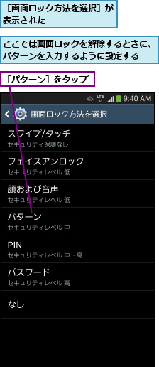 ここでは画面ロックを解除するときに、パターンを入力するように設定する  ,［パターン］をタップ,［画面ロック方法を選択］が表示された        