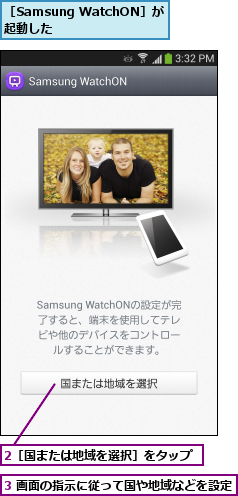 2［国または地域を選択］をタップ,3 画面の指示に従って国や地域などを設定  ,［Samsung WatchON］が起動した    