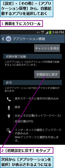 1 画面を下にスクロール,2［初期設定に戻す］をタップ,次回から［アプリケーションを選択］が表示されるようになる,［設定］-［その他］-［アプリケーション管理］から、自動起 動するアプリを選択しておく