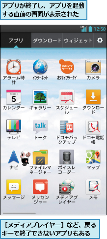 アプリが終了し、アプリを起動する直前の画面が表示された,［メディアプレイヤー］など、戻るキーで終了できないアプリもある
