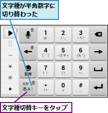 文字種が半角数字に切り替わった  ,文字種切替キーをタップ