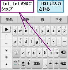 「ね」が入力される  ,［n］［e］の順にタップ    