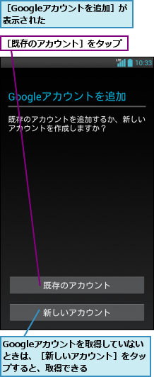 Googleアカウントを取得していない ときは、［新しいアカウント］をタップすると、取得できる,［Googleアカウントを追加］が表示された     ,［既存のアカウント］をタップ