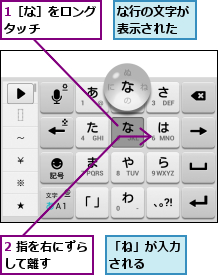 1［な］をロングタッチ    ,2 指を右にずらして離す   ,「ね」が入力される  ,な行の文字が表示された