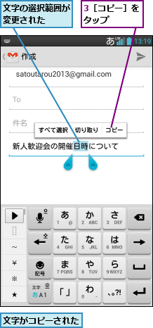 3［コピー］をタップ    ,文字がコピーされた,文字の選択範囲が変更された  