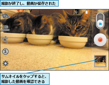 サムネイルをタップすると、撮影した動画を確認できる,撮影が終了し、動画が保存された