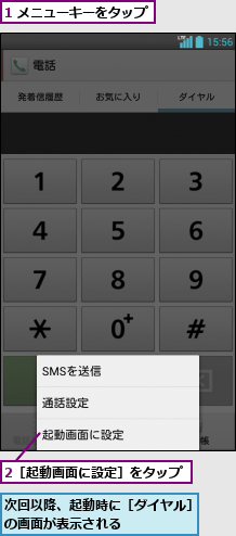 1 メニューキーをタップ,2［起動画面に設定］をタップ,次回以降、起動時に［ダイヤル］の画面が表示される      