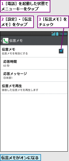 1［電話］を起動した状態でメニューキーをタップ  ,2［設定］-［伝言メモ］をタップ  ,3［伝言メモ］をチェック   ,伝言メモがオンになる