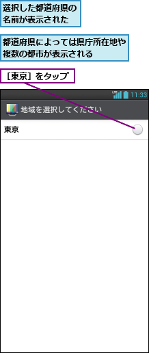 選択した都道府県の名前が表示された,都道府県によっては県庁所在地や複数の都市が表示される   ,［東京］をタップ