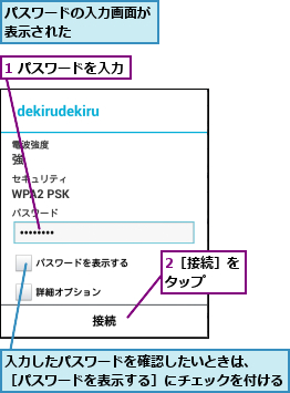 1 パスワードを入力,2［接続］をタップ  ,パスワードの入力画面が表示された     ,入力したパスワードを確認したいときは、  ［パスワードを表示する］にチェックを付ける