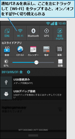 通知パネルを表示し、ここを左にドラッグ して［Wi-Fi］をタップすると、オン／オフをすばやく切り替えられる