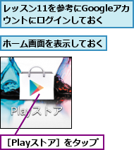 ホーム画面を表示しておく,レッスン11を参考にGoogleアカウントにログインしておく,［Playストア］をタップ