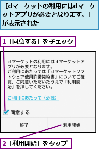 1［同意する］をチェック,2［利用開始］をタップ,［dマーケットの利用にはdマーケットアプリが必要となります。］が表示された