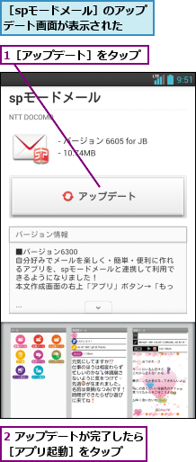 1［アップデート］をタップ,2 アップデートが完了したら［アプリ起動］をタップ  ,［spモードメール］のアップデート画面が表示された
