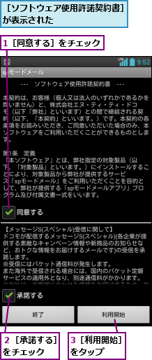 1［同意する］をチェック,3［利用開始］をタップ  ,２［承諾する］をチェック  ,［ソフトウェア使用許諾契約書］が表示された              