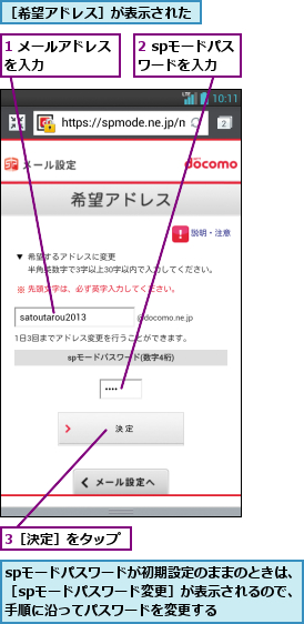 1 メールアドレスを入力     ,2 spモードパスワードを入力,3［決定］をタップ,spモードパスワードが初期設定のままのときは、［spモードパスワード変更］が表示されるので、手順に沿ってパスワードを変更する,［希望アドレス］が表示された