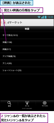 1 見たい映画の分類をタップ,2 ジャンルの一覧が表示されたら見たいジャンルをタップ    ,［映画］が表示された