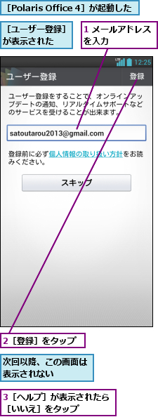 1 メールアドレスを入力     ,2［登録］をタップ,3［ヘルプ］が表示されたら［いいえ］をタップ    ,次回以降、この画面は表示されない   ,［Polaris Office 4］が起動した,［ユーザー登録］が表示された  