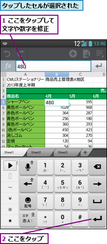 1 ここをタップして文字や数字を修正  ,2 ここをタップ,タップしたセルが選択された