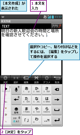 1 本文を入力  ,2［決定］をタップ,選択やコピー、貼り付けなどをするには、［編集］をタップして操作を選択する,［本文作成］が表示された  