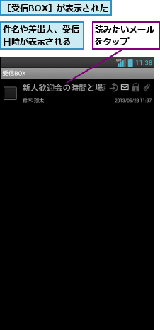 件名や差出人、受信日時が表示される,読みたいメールをタップ   ,［受信BOX］が表示された