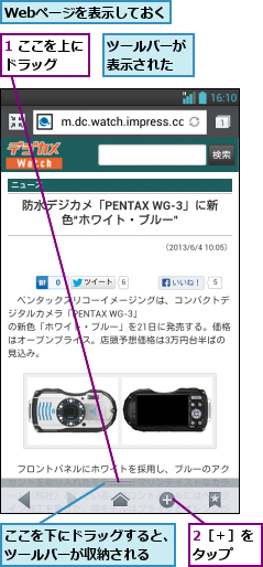 1 ここを上にドラッグ  ,2［＋］をタップ  ,Webページを表示しておく,ここを下にドラッグすると、ツールバーが収納される  ,ツールバーが表示された