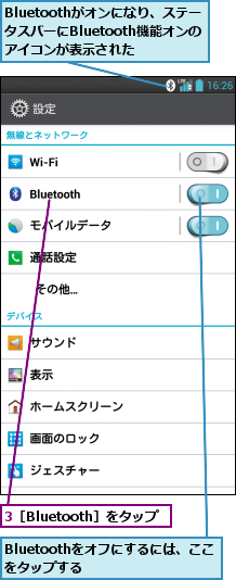 3［Bluetooth］をタップ,Bluetoothがオンになり、ステータスバーにBluetooth機能オンのアイコンが表示された,Bluetoothをオフにするには、ここをタップする      