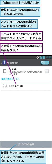 1 ヘッドセットの取扱説明書を参考にペアリングモードにする,2 接続したいBluetooth機器の名前をタップ       ,ここではBluetooth対応のヘッドセットと接続する,接続したいBluetooth機器が表示されないときは、［デバイスの検索］をタップする,接続可能なBluetooth機器の一覧が表示された,［Bluetooth］が表示された