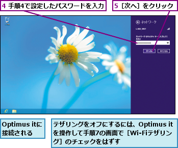 4 手順4で設定したパスワードを入力,5［次へ］をクリック,Optimus itに接続される,テザリングをオフにするには、Optimus itを操作して手順7の画面で［Wi-Fiテザリング］のチェックをはずす