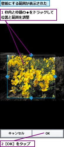 1 枠内と枠線の◆をドラッグして位置と範囲を調整        ,2［OK］をタップ,壁紙にする範囲が表示された