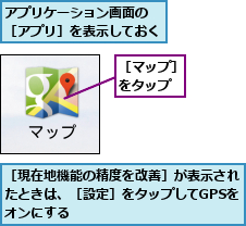 アプリケーション画面の ［アプリ］を表示しておく         ,［マップ］をタップ,［現在地機能の精度を改善］が表示されたときは、［設定］をタップしてGPSをオンにする