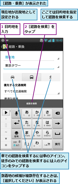 1 目的地を入力   ,2［経路を検索］をタップ     ,ここでは目的地を指定して経路を検索する,到着地の候補が複数存在するときは、［選択してください］が表示される,現在地が出発地として設定される    ,車での経路を検索するには車のアイコン、徒歩のみでの経路を検索するには人のアイコンをタップする,［経路・乗換］が表示された