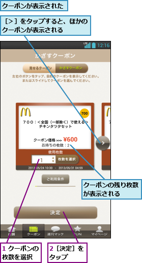 1 クーポンの枚数を選択  ,2［決定］をタップ  ,クーポンが表示された,クーポンの残り枚数が表示される  ,［＞］をタップすると、ほかのクーポンが表示される   
