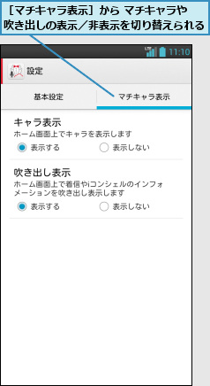 ［マチキャラ表示］から マチキャラや　吹き出しの表示／非表示を切り替えられる